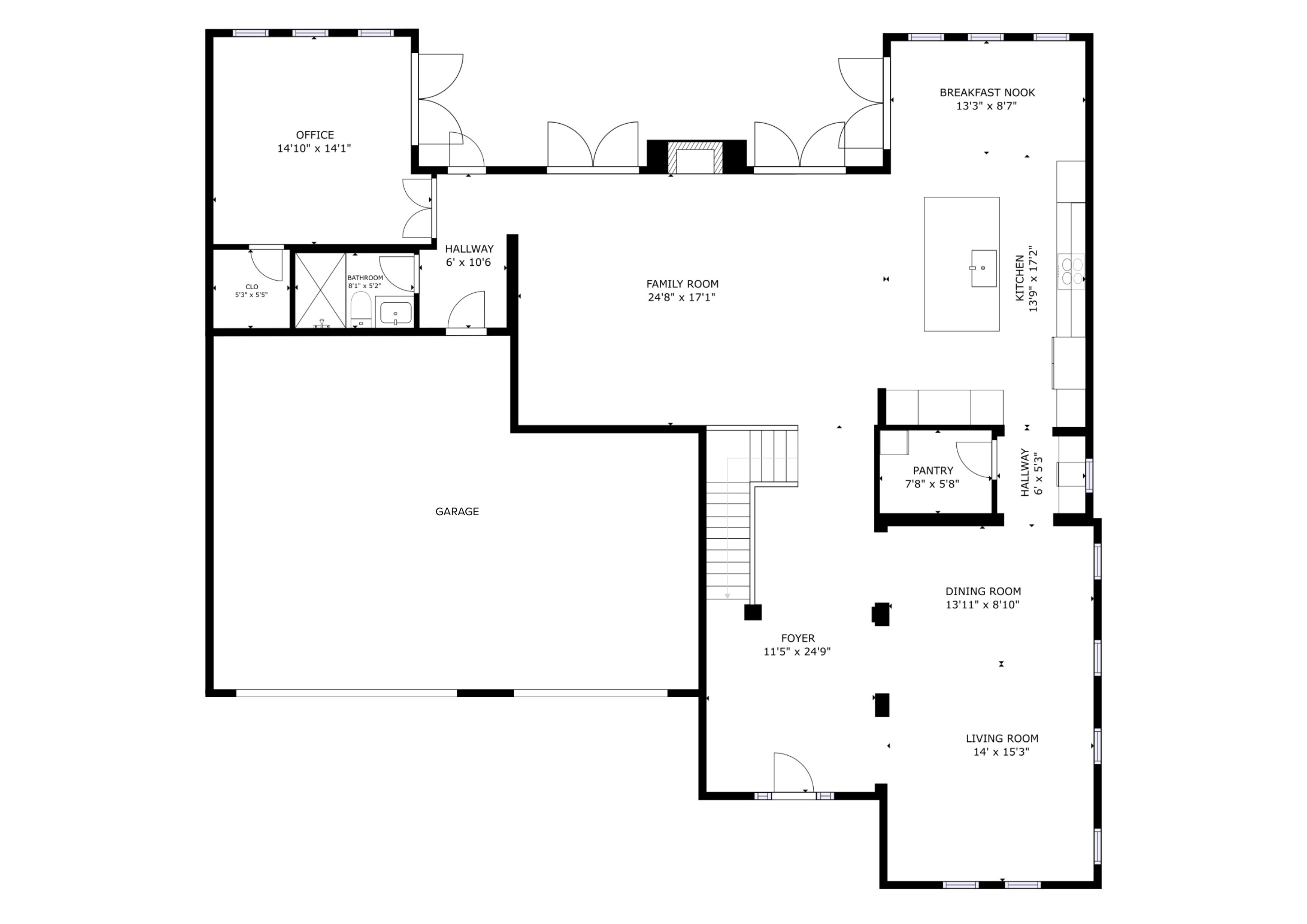 First floor plan — kitchen, living room, family room, bedroom 1 and full bath